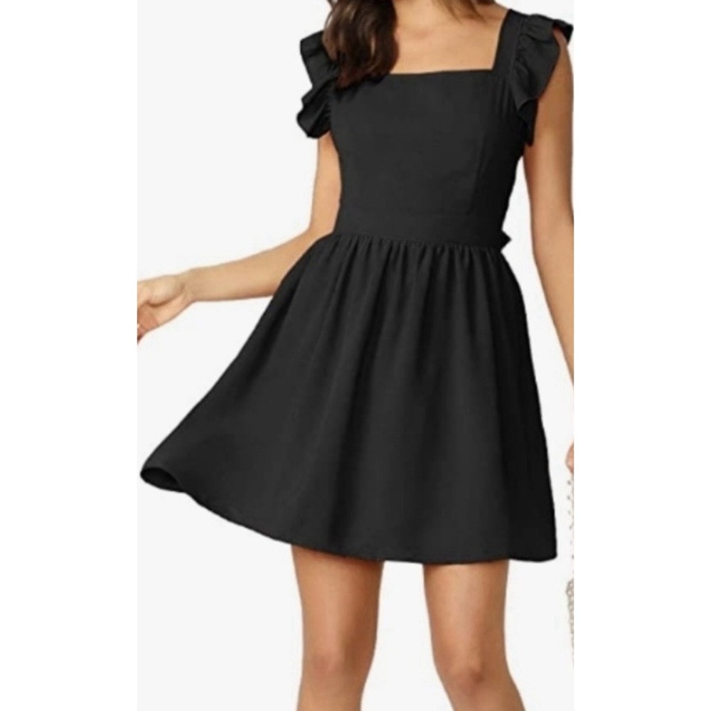 Women's Tie Back Ruffle Strap A‎ Line Fit and Flare Dress- Black Medium - Picture 4 of 14